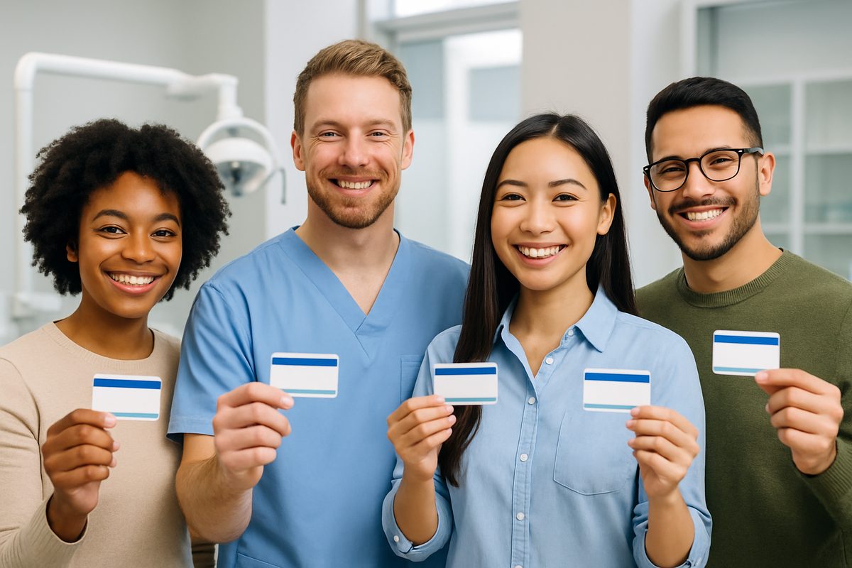 Smiling, diverse group of people in a modern dental office, confidently holding up their dental insurance cards. No text on the image.