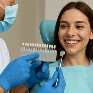 Close up image of a dentist pointing to a set of veneers, while consulting with a smiling patient. The dentist is wearing blue surgical gloves and using a dental mirror. No text on image.