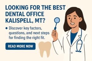 A warm, inviting waiting room at a "dental office Kalispell MT", with comfortable seating and a friendly receptionist. No text on image.