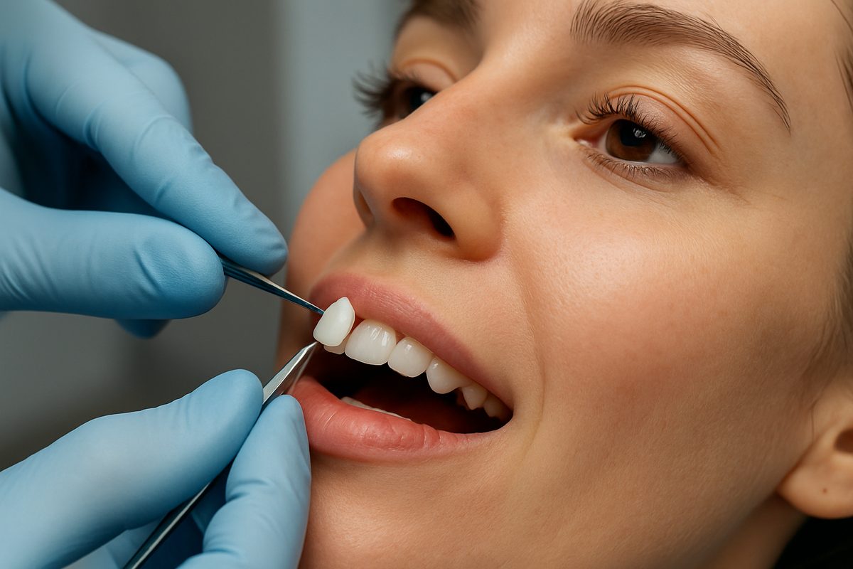 Close up of a dentist placing a traditional veneer on a patient's front tooth, highlighting the precision and artistry involved. No text on the image.