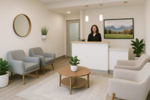 A modern and clean dental office waiting room in Kalispell, MT, with comfortable seating, calming decor, and a friendly receptionist. No text on image.